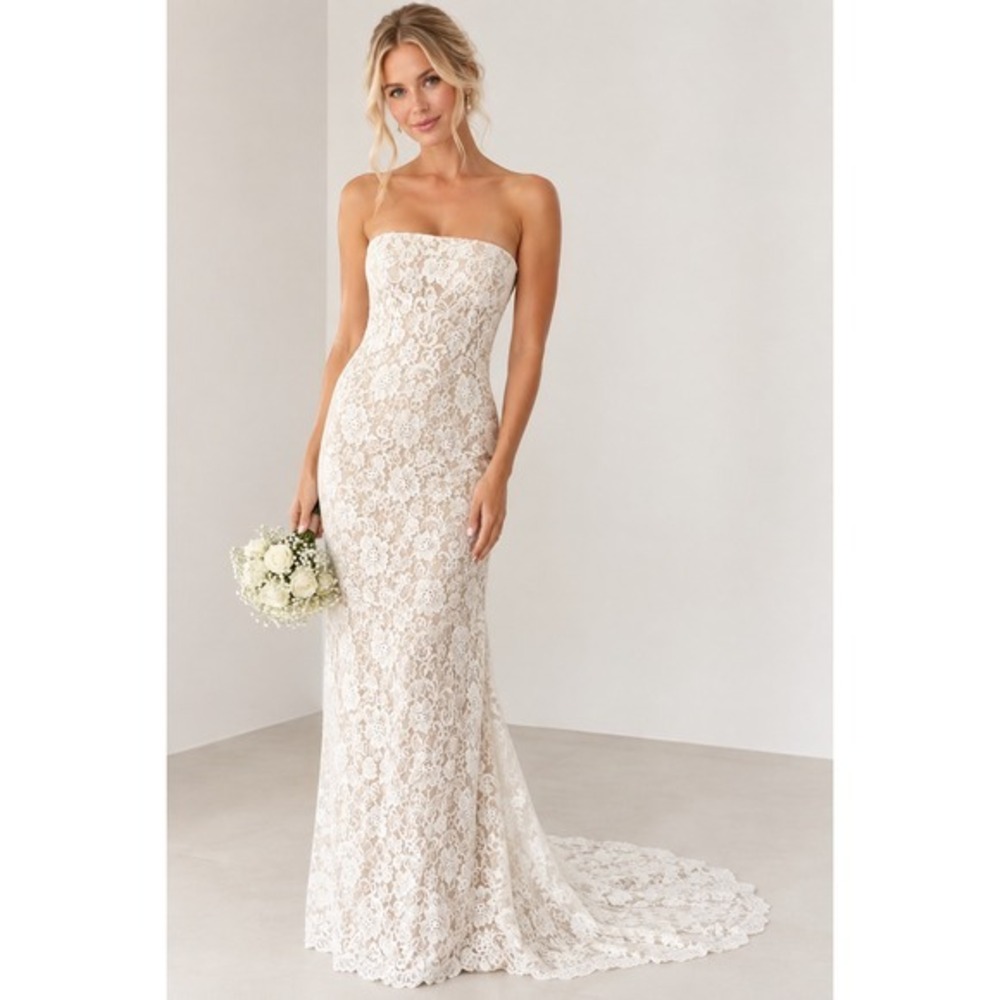 NWT Lulus Strapless Lace Maxi Dress XS Women White Bridal Wedding Gown